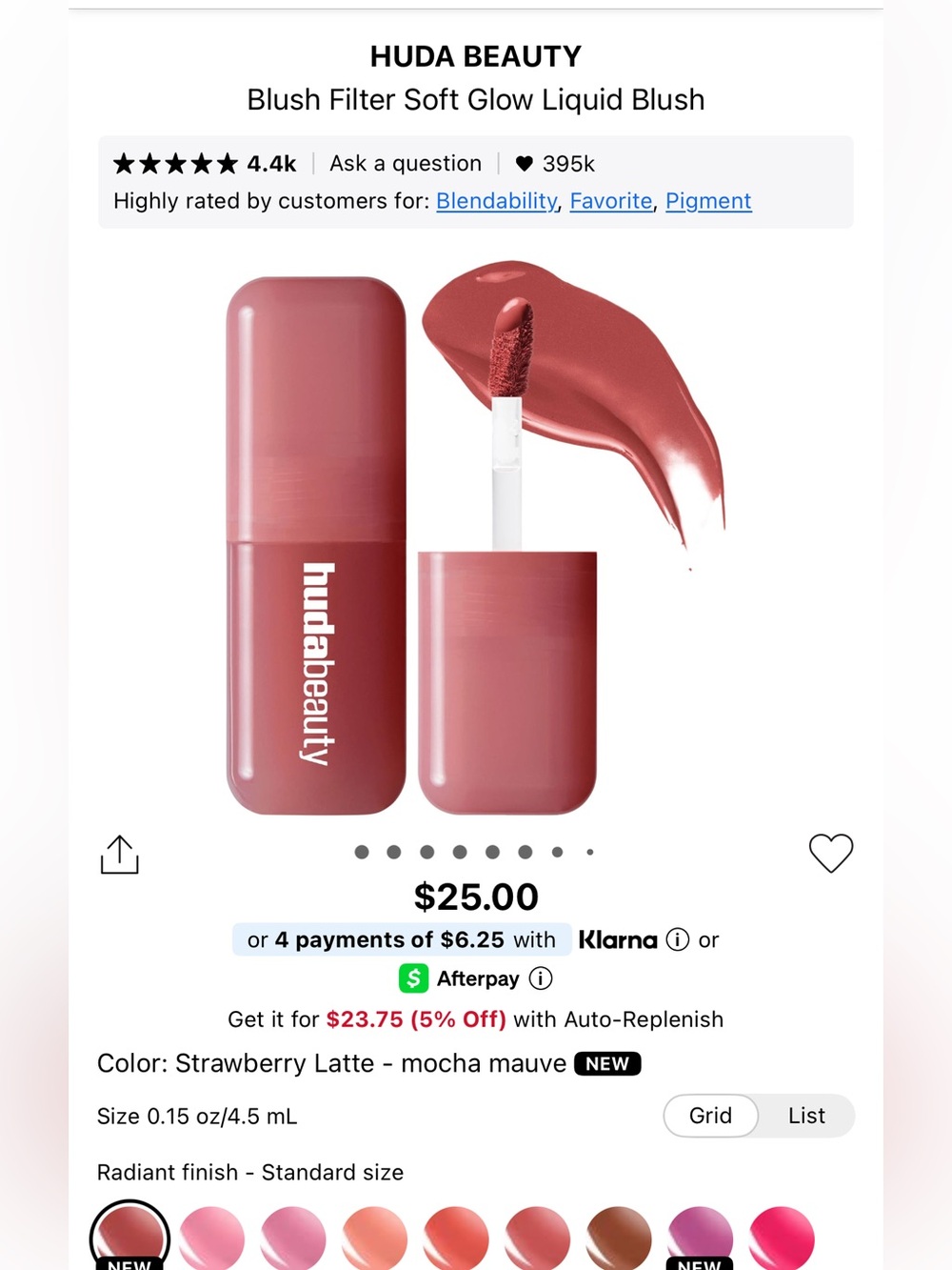 Huda beauty blush filter soft glow liquid blush in strawberry latte